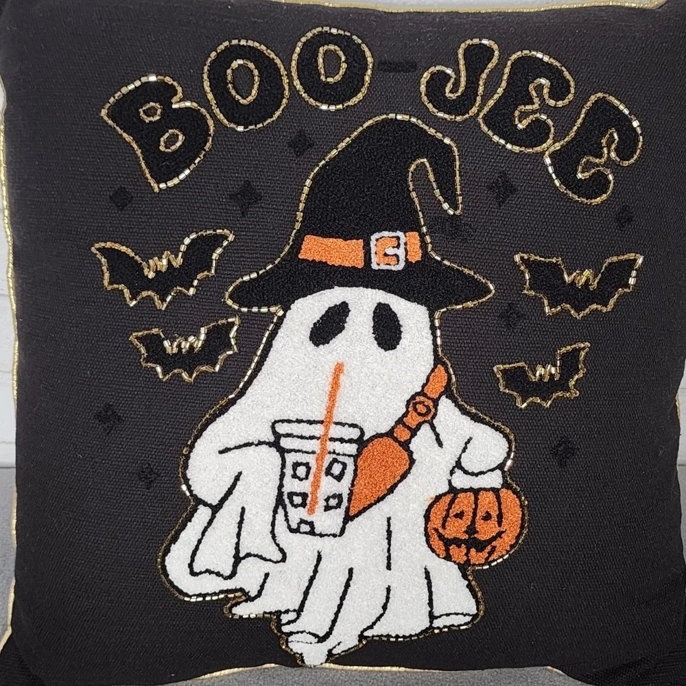 Halloween Beaded‎ Ghost Witch Throw Pillow 18x18 Black Boo Jee Bats Fall Spooky